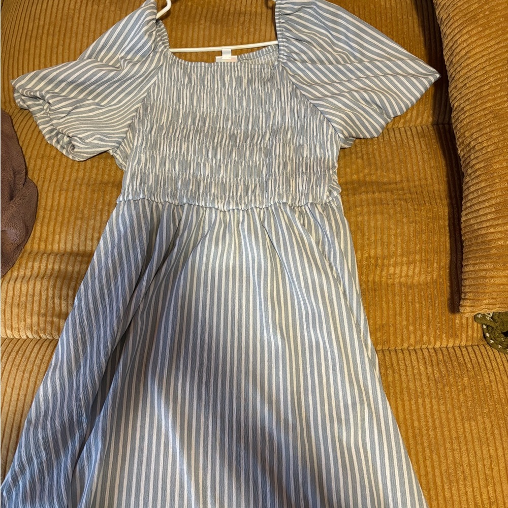 LuLaRoe Alina Nap Babydoll Dress with Blue and White Stripes
